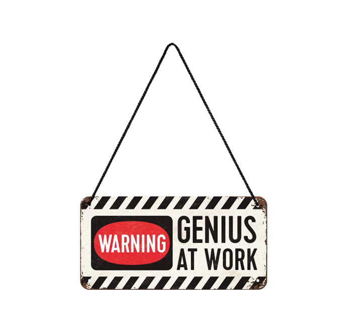 Cartello Vintage da appendere Warning - Genius at Work 10x20cm
