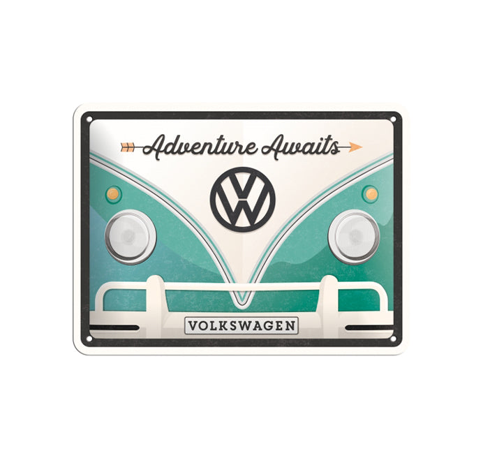 Cartello Vintage Volkswagen - Adventure Awaits 15x20cm
